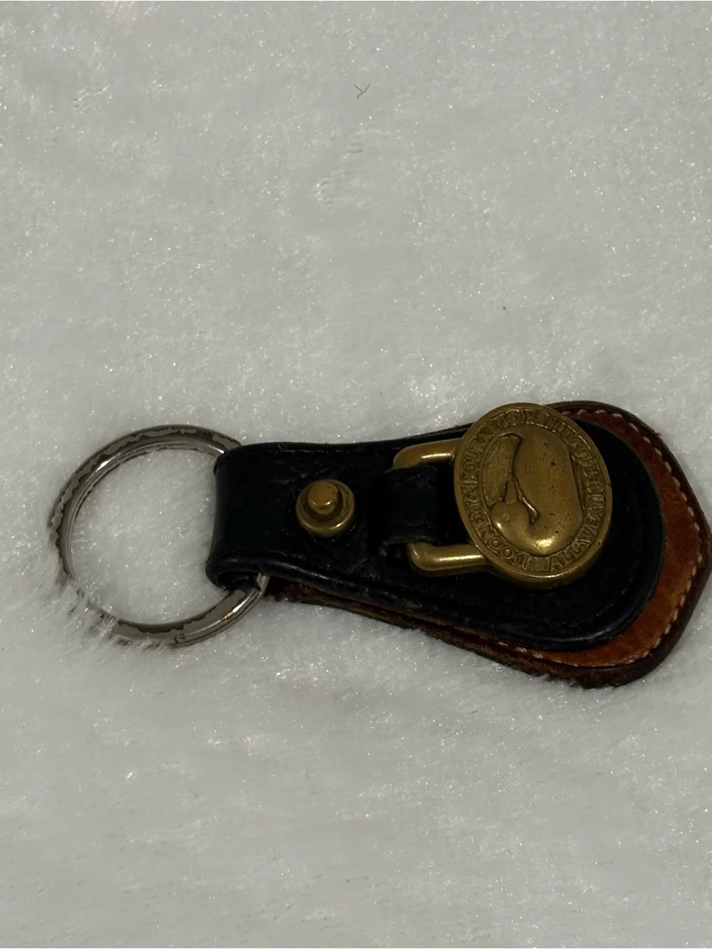 Dooney & Bourke Black and Brown Leather Key Fob with Brass Duck Medallion